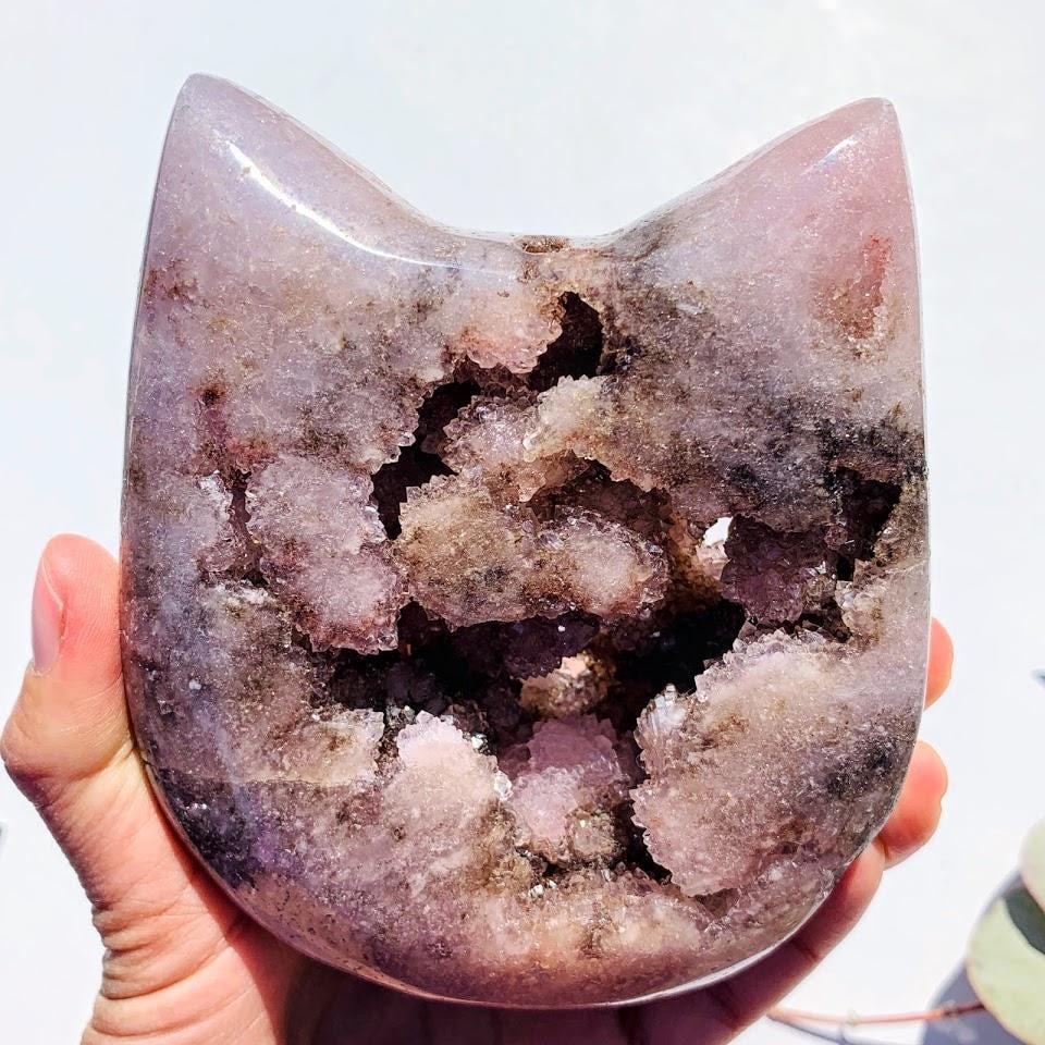 Adorable XXL Pink Amethyst Druzy Cat Head Geode Carving - Earth Family Crystals