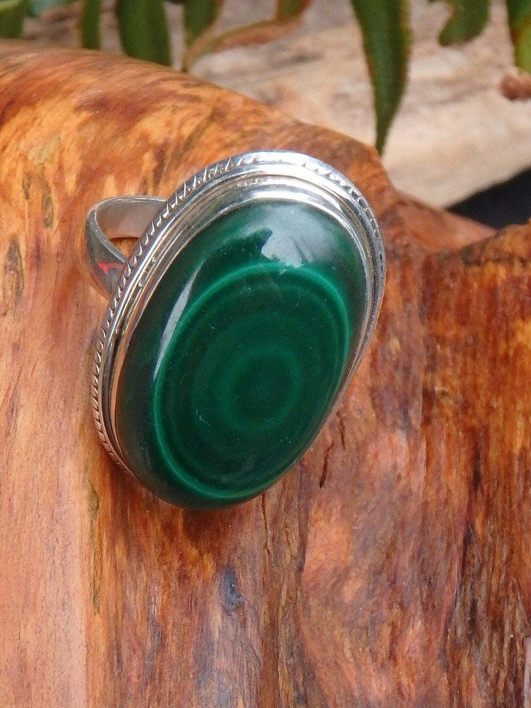 Bulls Eye Swirls Malachite Ring in Sterling Silver (Size 9) - Earth Family Crystals