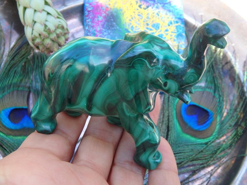 Swirling Green Patterns Malachite Gemstone Elephant Carving - Earth Family Crystals