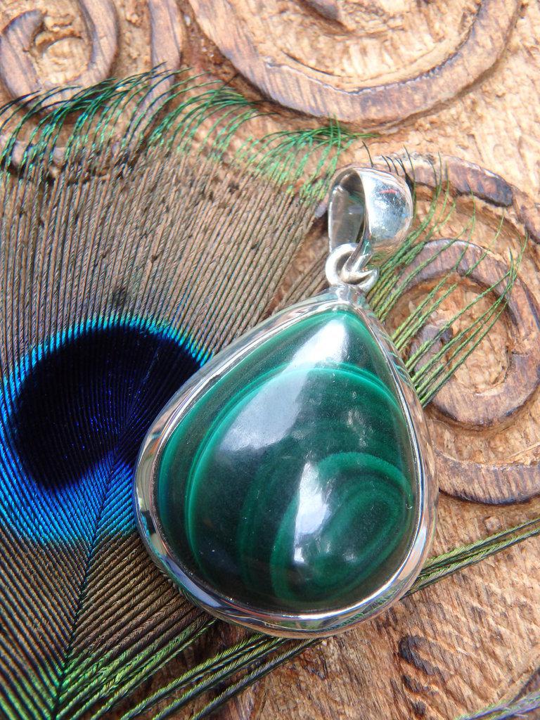 Swirls Of Green Malachite  Pendant In Sterling Silver (Includes Free Silver Chain) - Earth Family Crystals