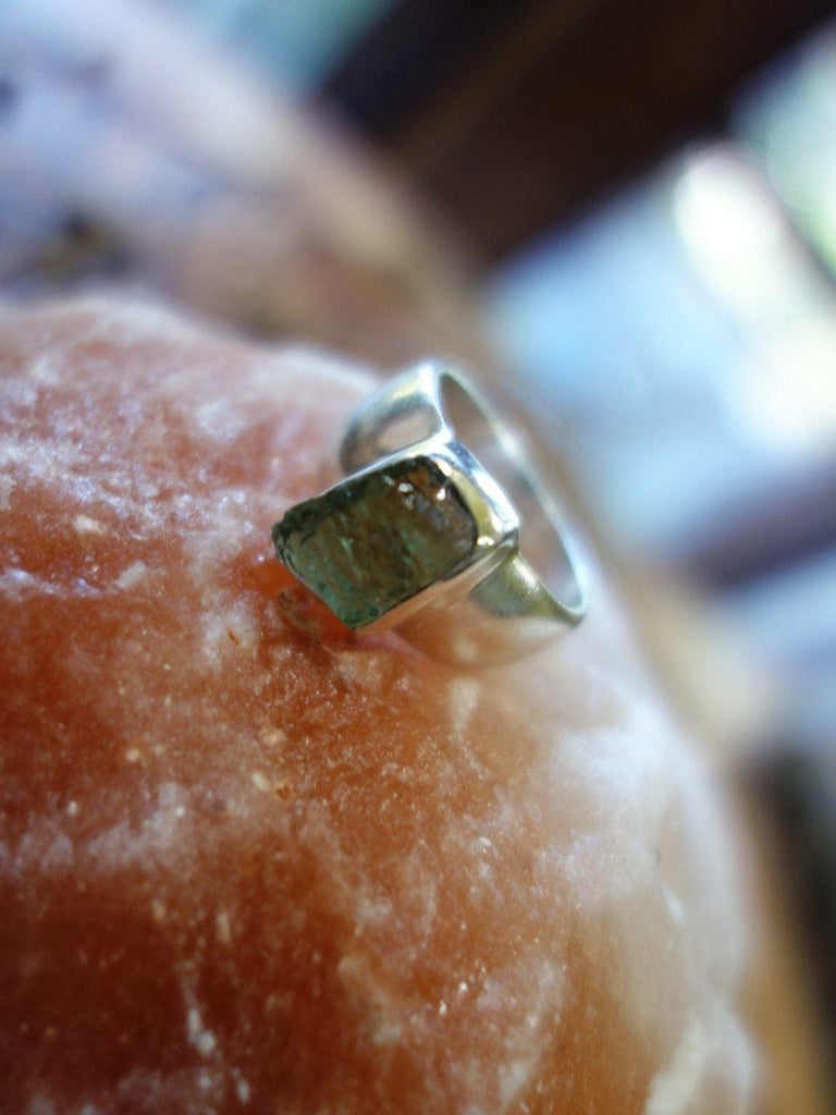 Deep Green & Raw Genuine Moldavite Ring In Sterling Silver (Size 8.5) - Earth Family Crystals