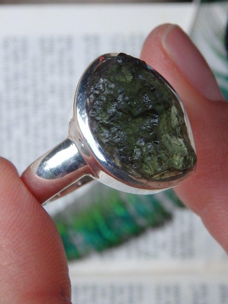 Amazing Raw Green Genuine Moldavite  Ring In Sterling Silver (Size 11) - Earth Family Crystals