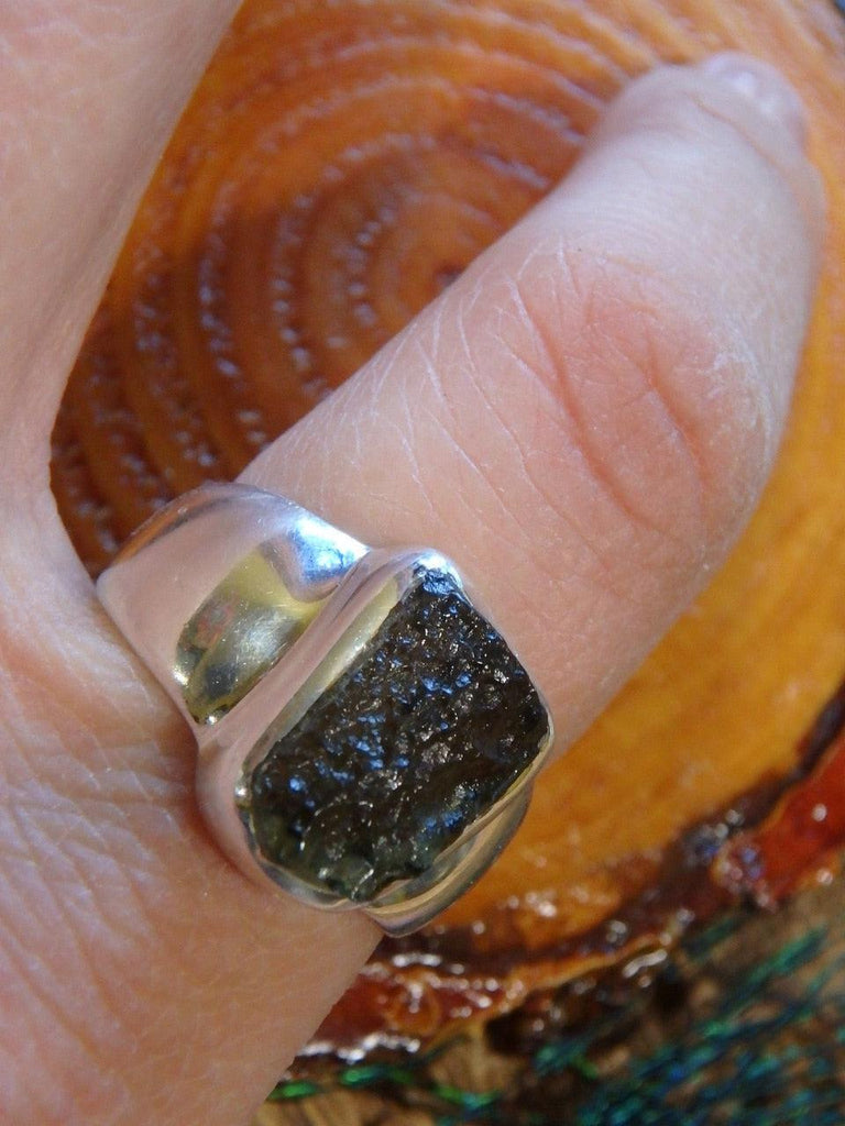 High Vibration Forest Green Genuine Moldavite Ring In Sterling Silver (Size 7.5) - Earth Family Crystals