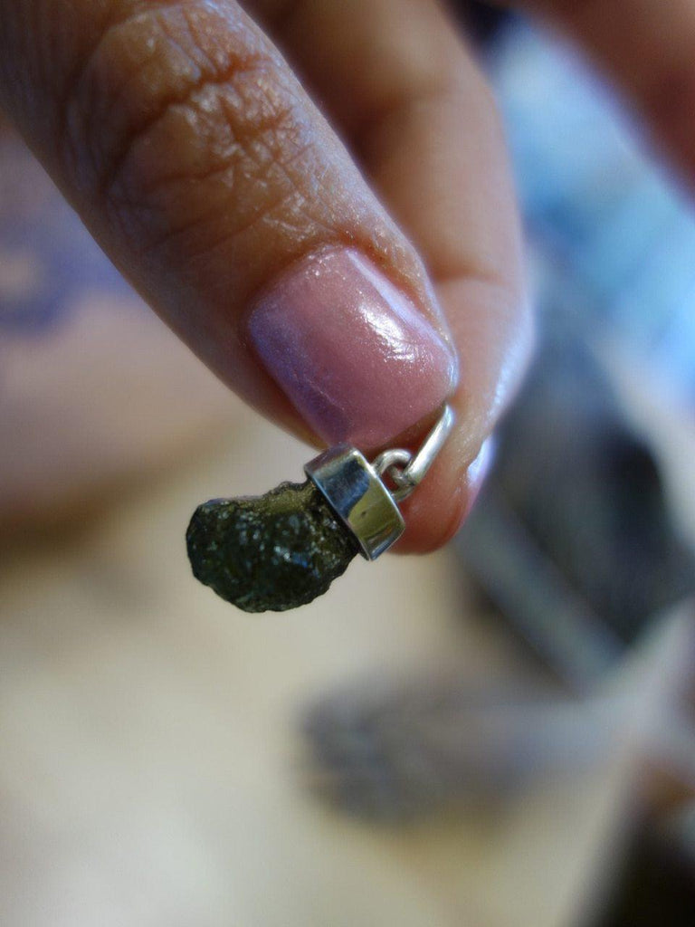 Cute & Dainty Genuine Raw Floating Moldavite Pendant In Sterling Silver (Includes Silver Chain)1 - Earth Family Crystals