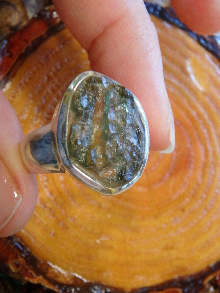 Amazing Texture Chunky Genuine Moldavite Ring In Sterling Silver (Size 8.5) - Earth Family Crystals