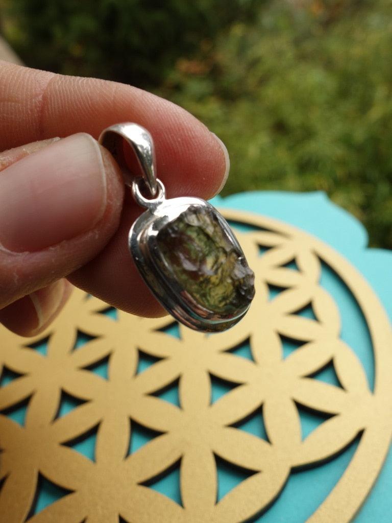 Fabulous Texture Dainty Genuine Green Moldavite Pendant In Sterling Silver (Includes Silver Chain) - Earth Family Crystals