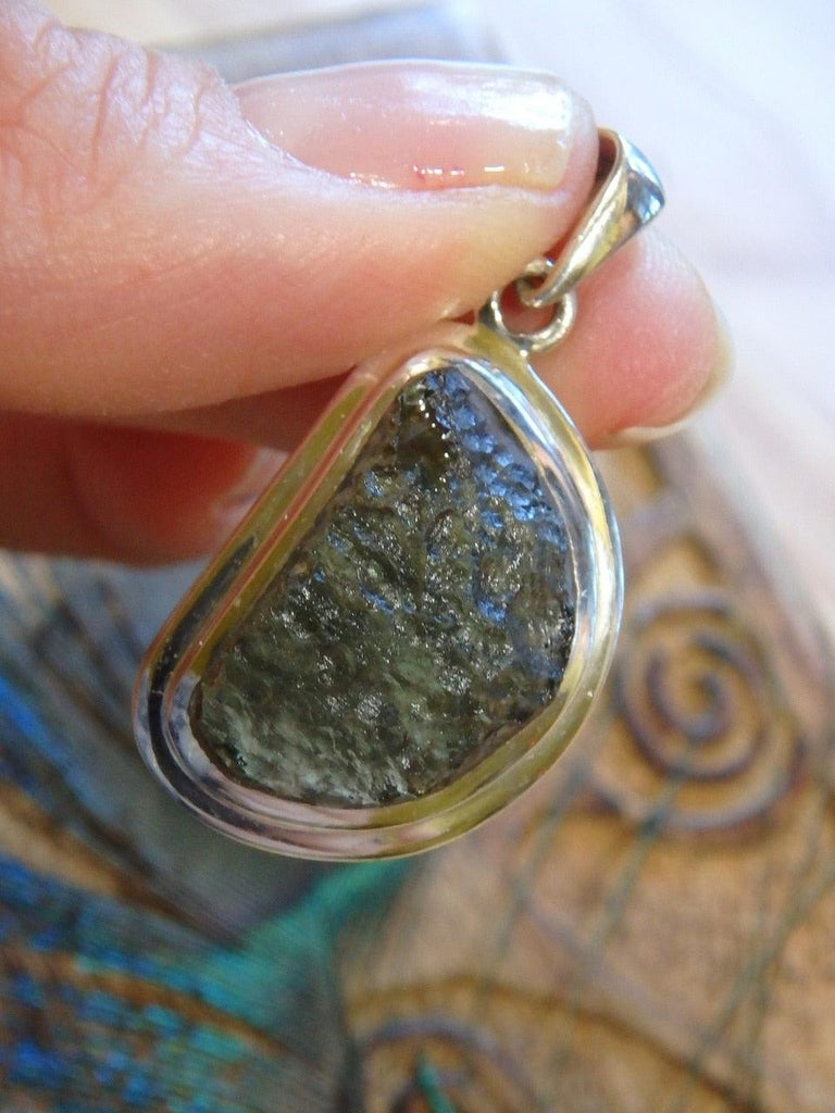 Fantastic Texture D Shaped Genuine Moldavite Pendant In Sterling Silver (Includes Silver Chain) - Earth Family Crystals