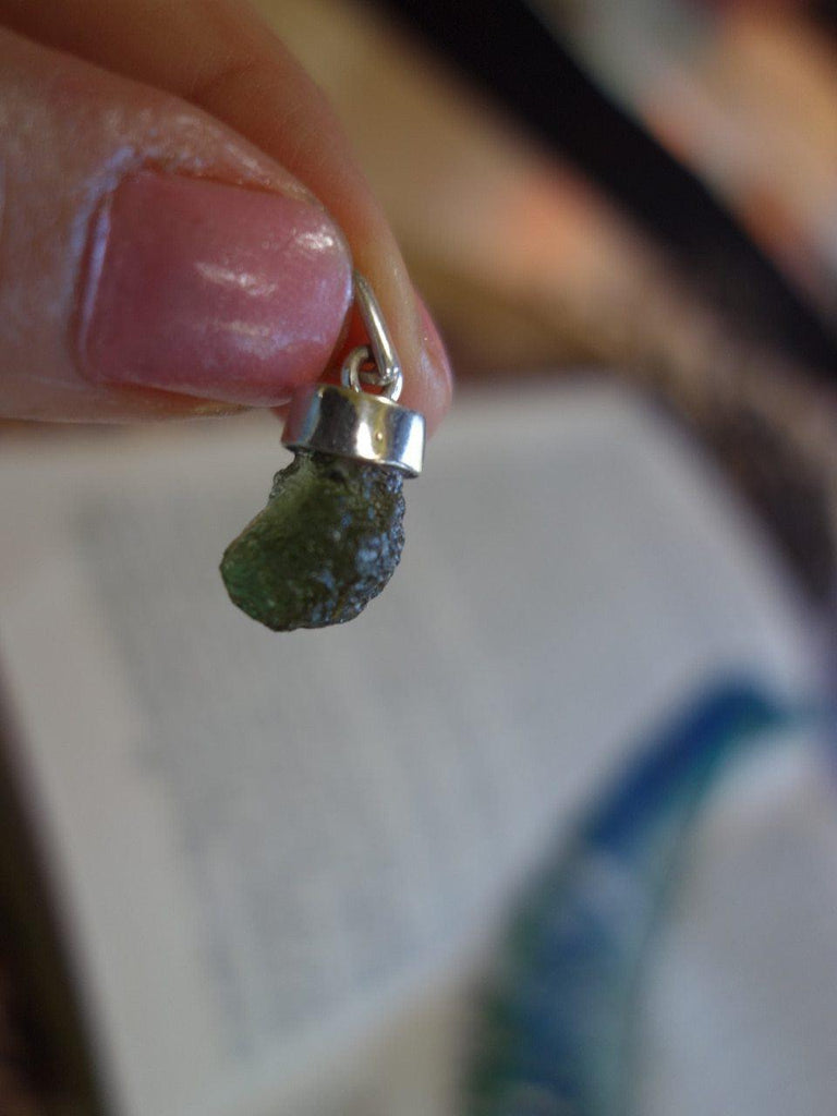 Cute & Dainty Genuine Raw Floating Moldavite Pendant In Sterling Silver (Includes Silver Chain)1 - Earth Family Crystals