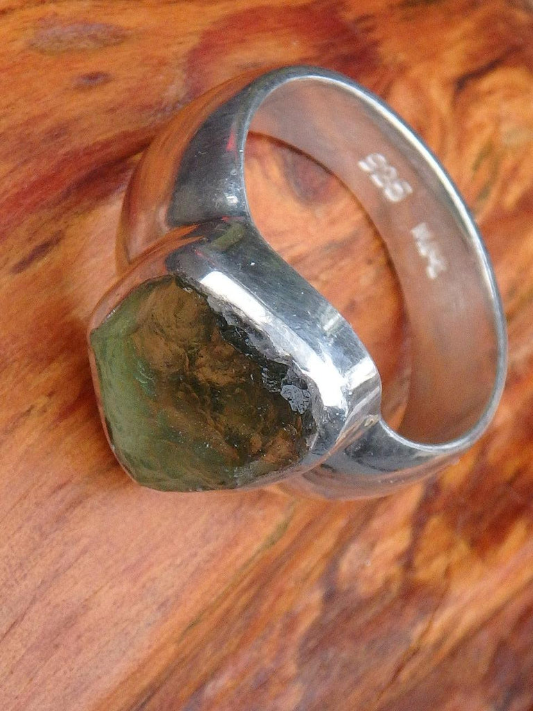 Lovely Raw Green Genuine Moldavite Ring in Sterling Silver (Size 7.5) - Earth Family Crystals