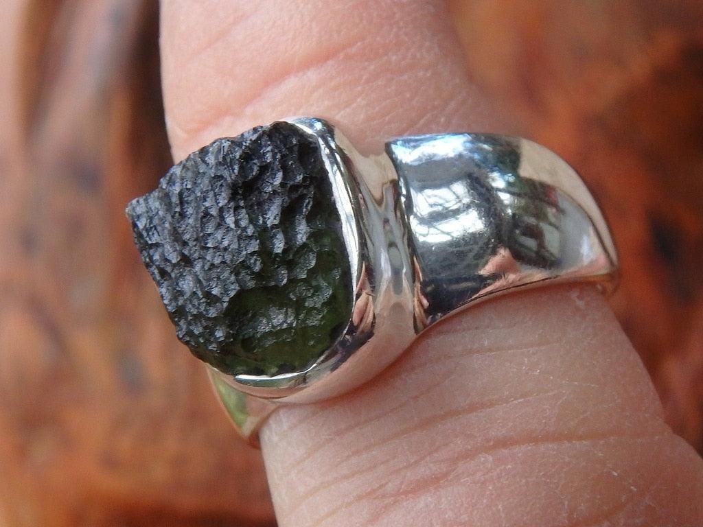 Powerful Raw Green Genuine Moldavite Ring In Sterling Silver (Size 7.5) - Earth Family Crystals