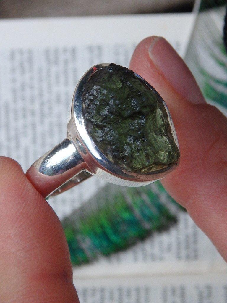Amazing Raw Green Genuine Moldavite  Ring In Sterling Silver (Size 11) - Earth Family Crystals