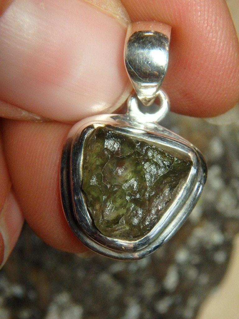 Adorable Dainty Raw Moldavite Gemstone Pendant In Sterling Silver (Includes Silver Chain) - Earth Family Crystals