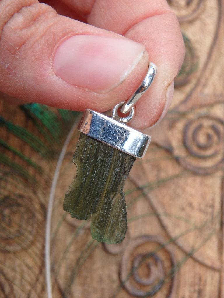Pine Needle Green Genuine Moldavite  Pendant In Sterling Silver (Includes Free Silver Chain) - Earth Family Crystals