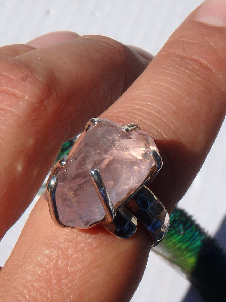Chunky Incredible Pink Raw Morganite Ring In Sterling Silver (Size Adjustable-7.5-8.5) - Earth Family Crystals