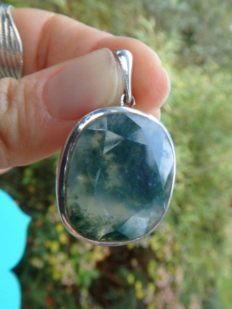 Pretty Green Patterns Faceted Moss Agate Gemstone Pendant In Sterling Silver  (Includes Silver Chain) - Earth Family Crystals
