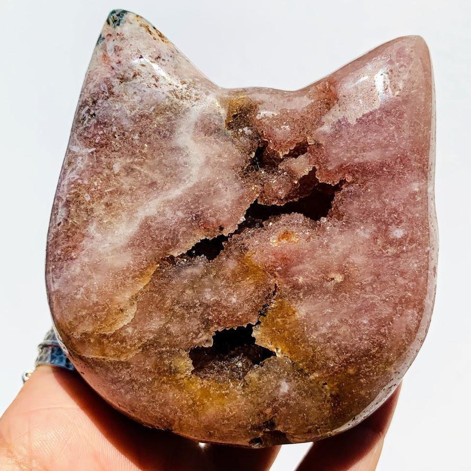 Adorable XL Pink Amethyst Druzy Cat Head Geode Carving - Earth Family Crystals