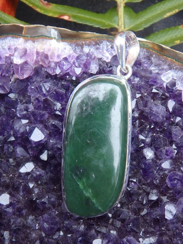 Interesting Forest Green Nephrite Jade Pendant In Sterling Silver  (Includes Silver Chain) - Earth Family Crystals