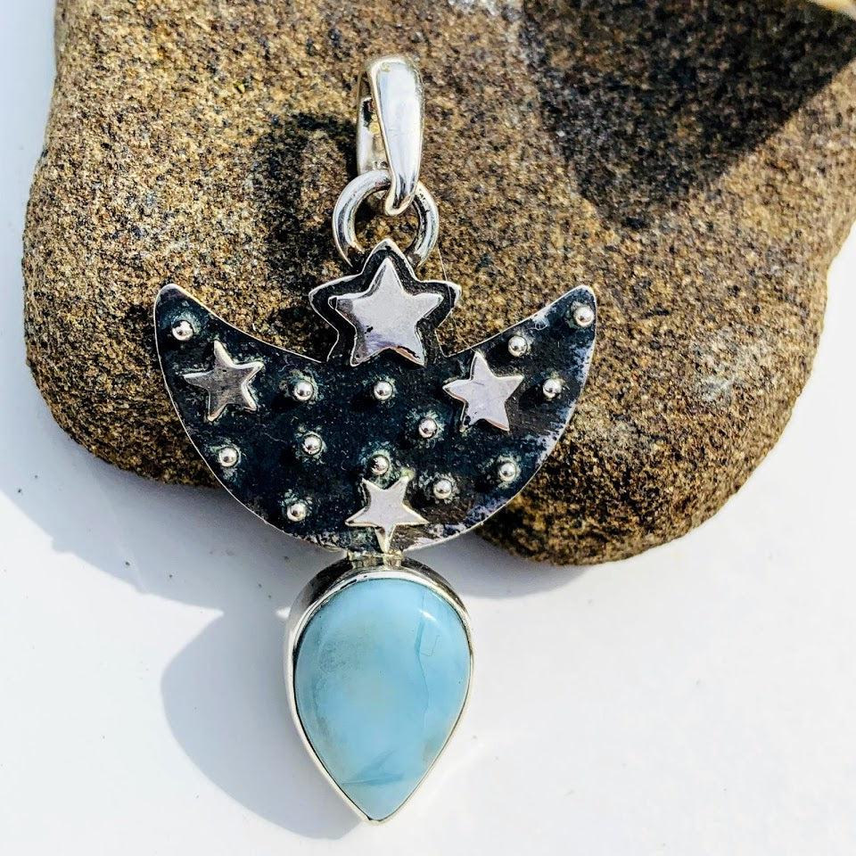 Trendy Crescent Moon & Stars Larimar Oxidized Sterling Silver Pendant (Includes Silver Chain) - Earth Family Crystals