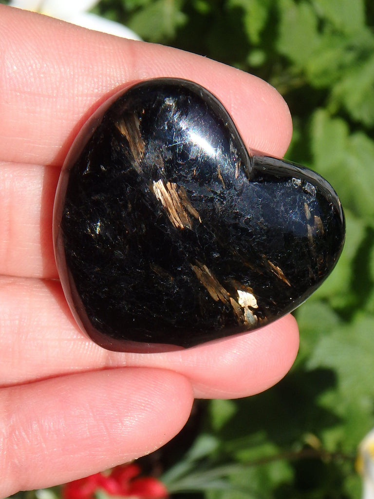 Gorgeous Gold Lightening Flashes Greenland Nuummite Heart Carving - Earth Family Crystals