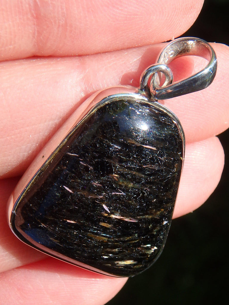 Stunning Golden Flashes Genuine Greenland Nuummite Pendant In Sterling Silver (Includes Silver Chain) - Earth Family Crystals