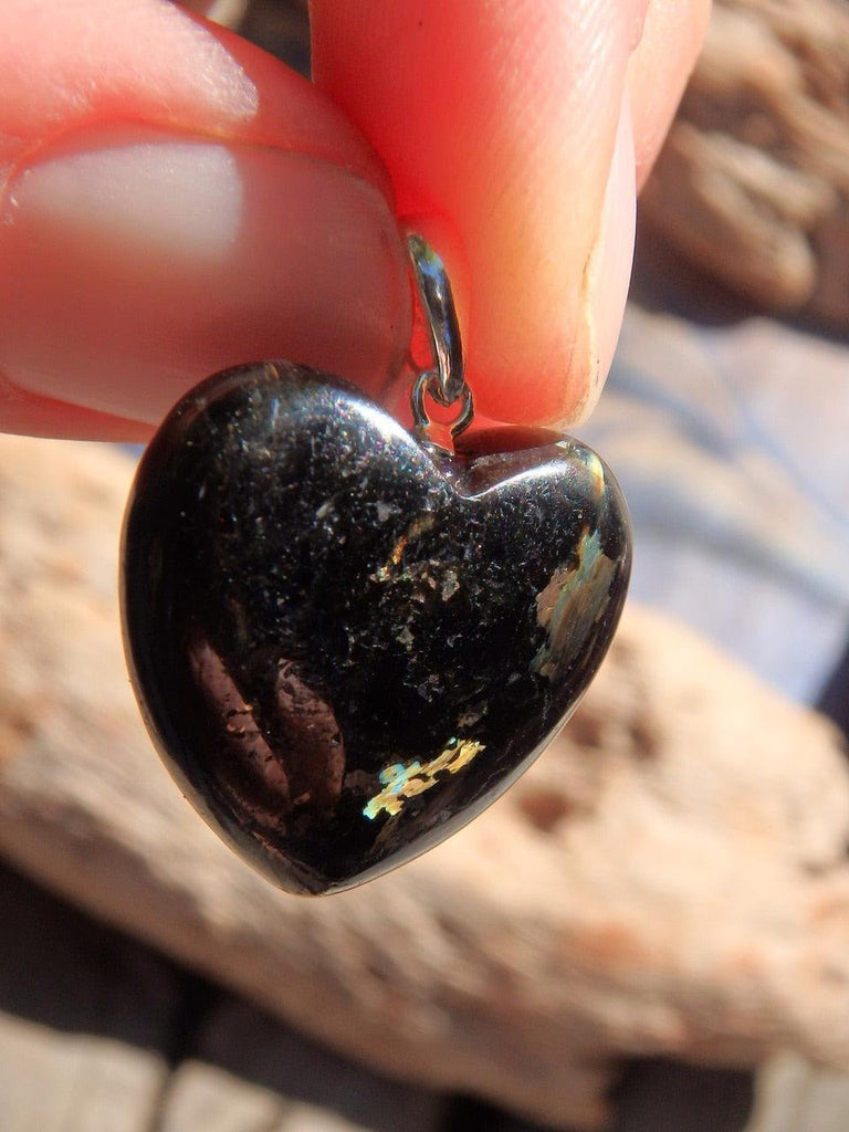 Mysterious Flashes! Genuine Nuummite Love Heart  Pendant in Sterling Silver (Includes Silver Chain) - Earth Family Crystals