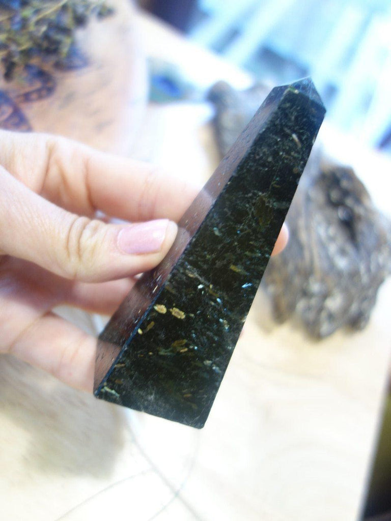 Breathtaking Flashes of Color Nuummite Obelisk Display Specimen - Earth Family Crystals