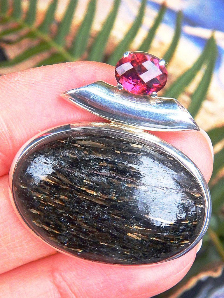 Pretty Faceted Burgundy Garnet and Genuine Nuummite Pendant In Sterling Silver  (Includes Silver Chain) REDUCED - Earth Family Crystals