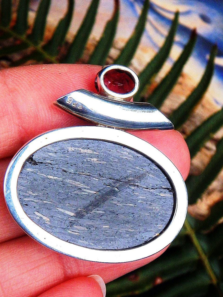 Pretty Faceted Burgundy Garnet and Genuine Nuummite Pendant In Sterling Silver  (Includes Silver Chain) REDUCED - Earth Family Crystals