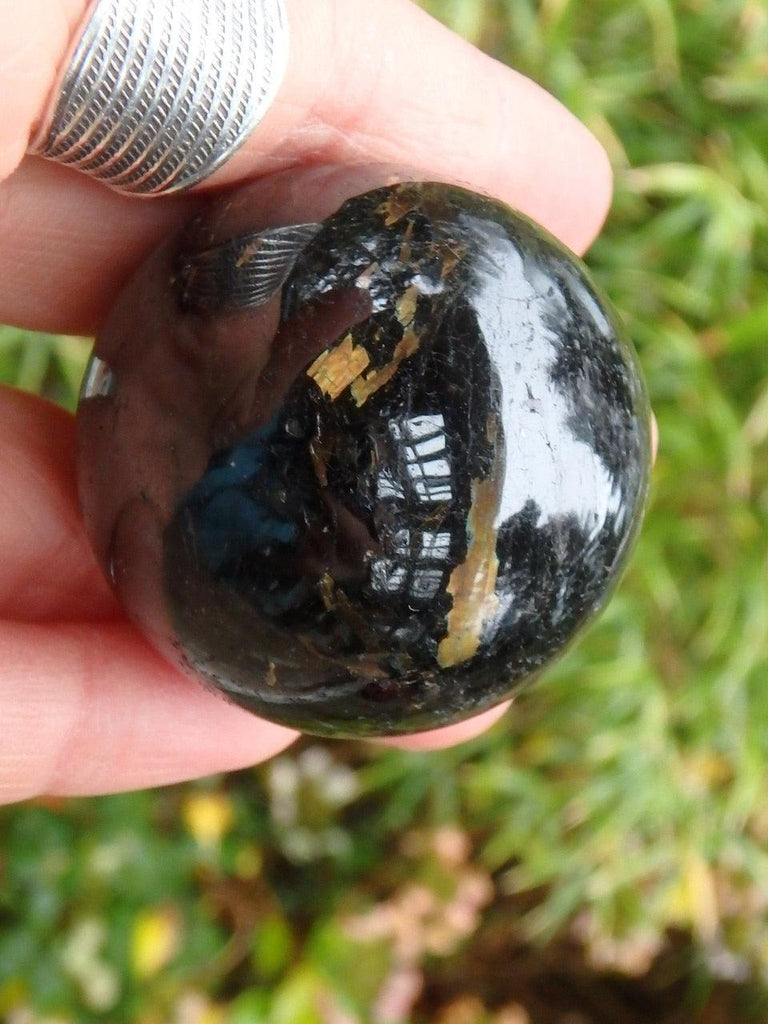 Incredible Golden Lightening Flashes Genuine Greenland Nuummite Sphere - Earth Family Crystals