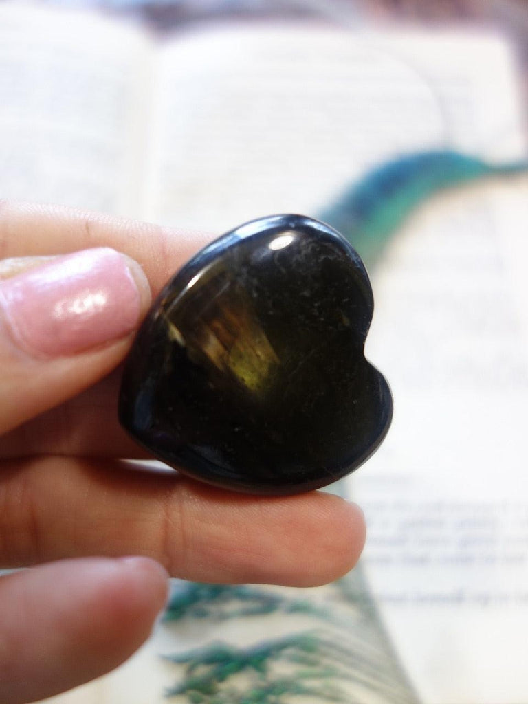Flash of Golden Lightening Genuine Nuummite Heart Carving - Earth Family Crystals