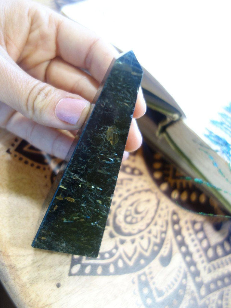 Breathtaking Flashes of Color Nuummite Obelisk Display Specimen - Earth Family Crystals