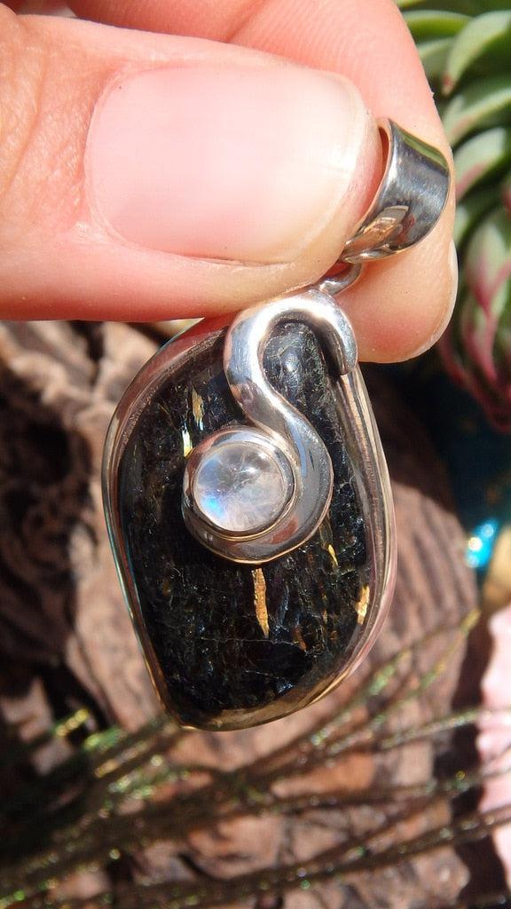 Mysterious Greenland Nuummite & White Rainbow Moonstone Gemstone Pendant In Sterling Silver (Includes Silver Chain) - Earth Family Crystals