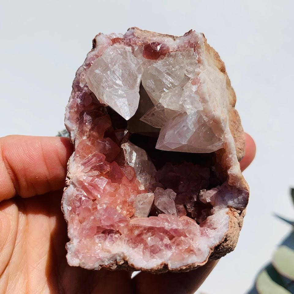 Deep Magenta Pink Amethyst & Clear Stellar Beam Calcite Included Geode from Patagonia - Earth Family Crystals