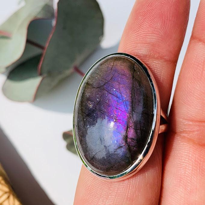 Moving Purple Flash Labradorite Ring in Sterling Silver (Size 9.5) - Earth Family Crystals