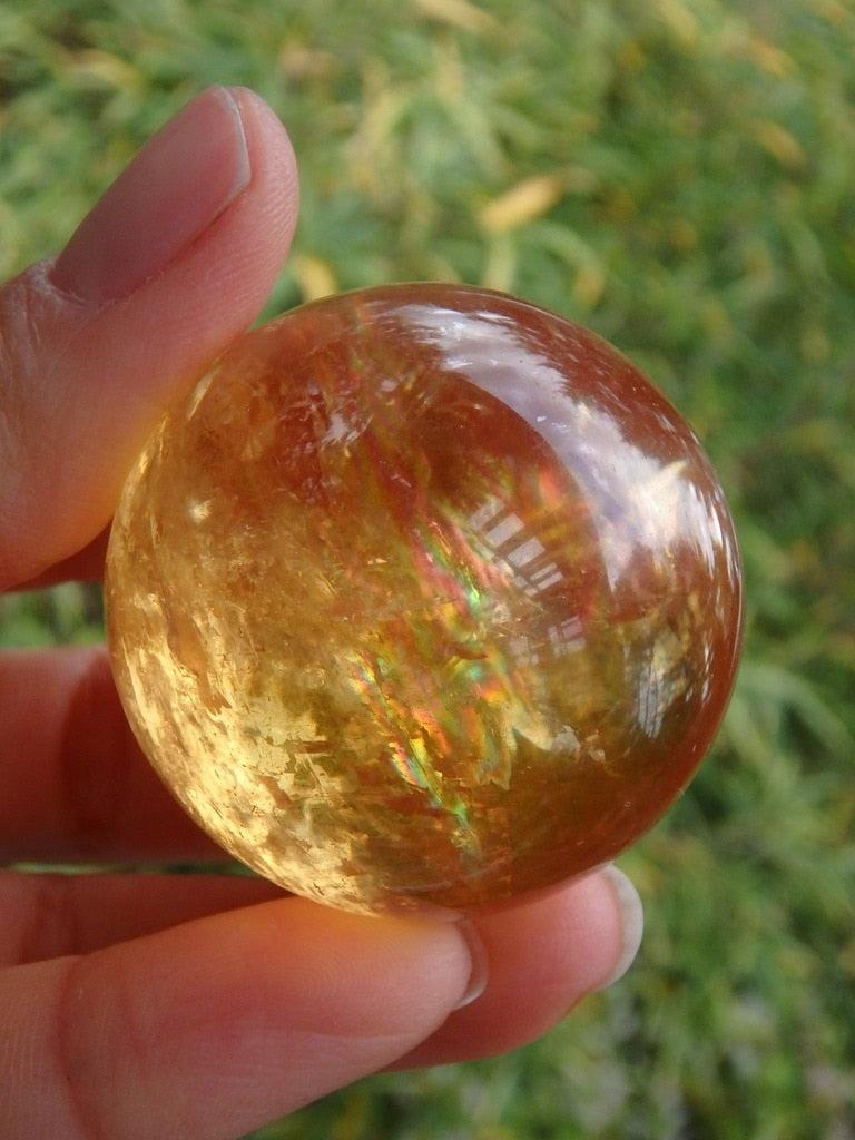 Intense Rainbow! Brilliant Orange Calcite Sphere - Earth Family Crystals