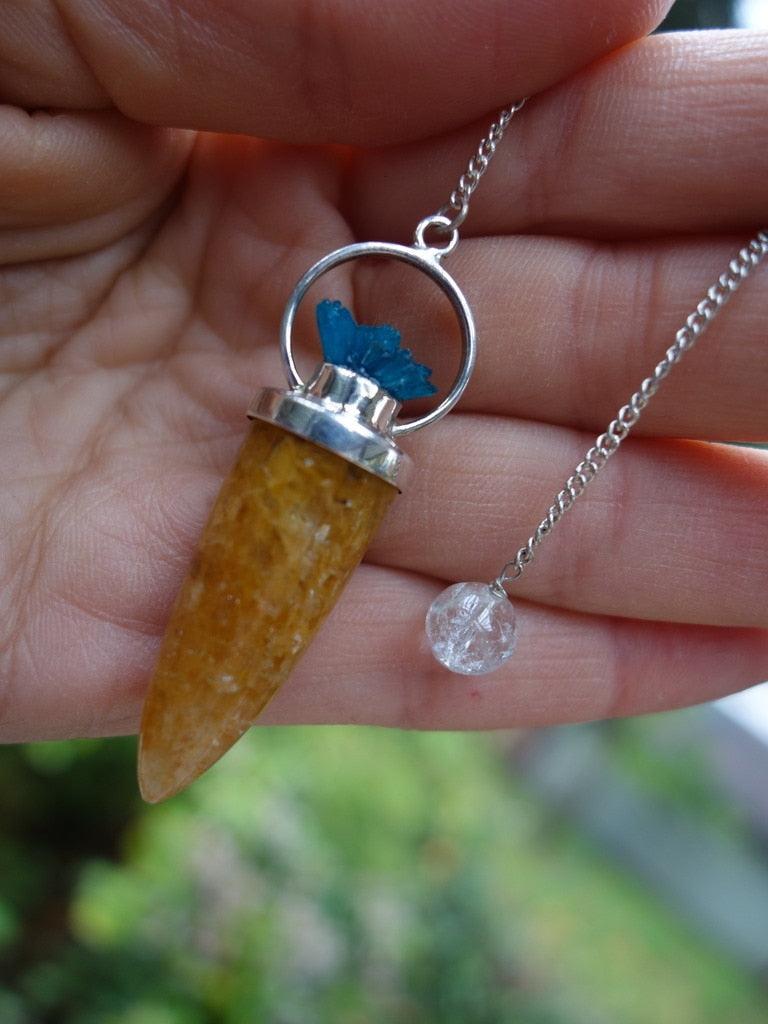 Marvelous Golden Azeztulite & Vibrant Raw Blue Cavansite Pendulum in Sterling Silver - Earth Family Crystals