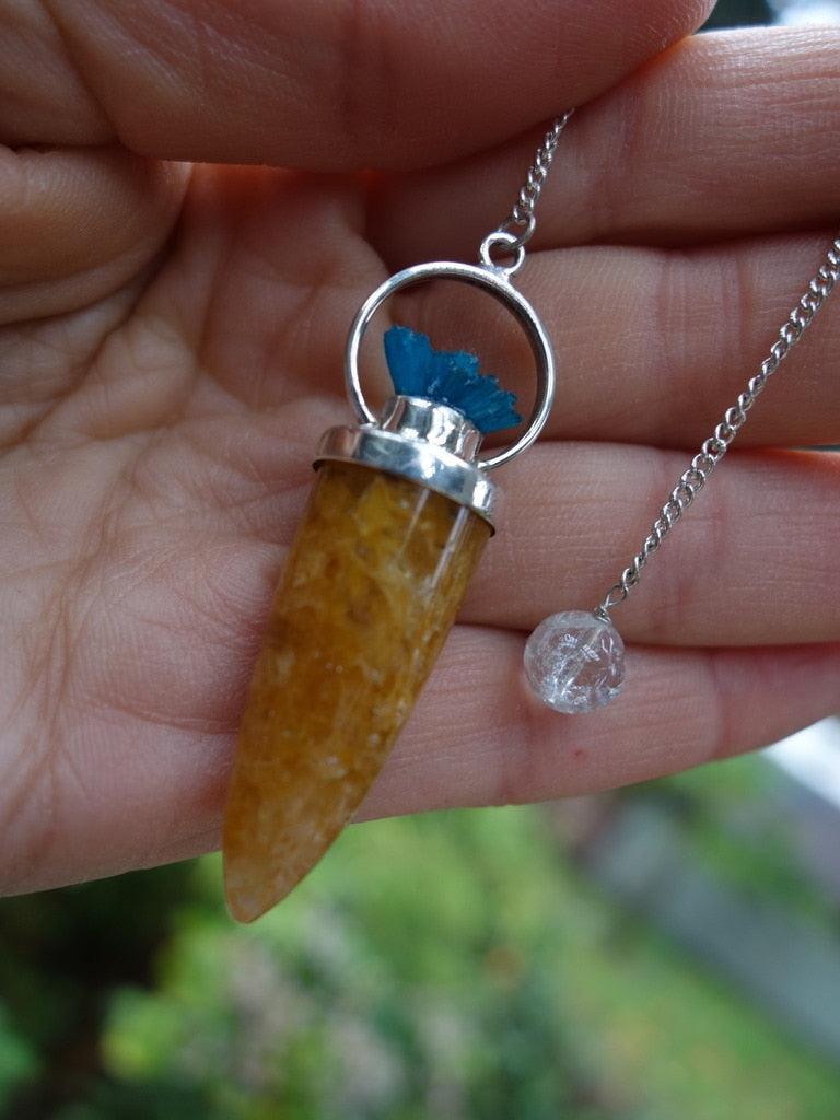 Marvelous Golden Azeztulite & Vibrant Raw Blue Cavansite Pendulum in Sterling Silver - Earth Family Crystals