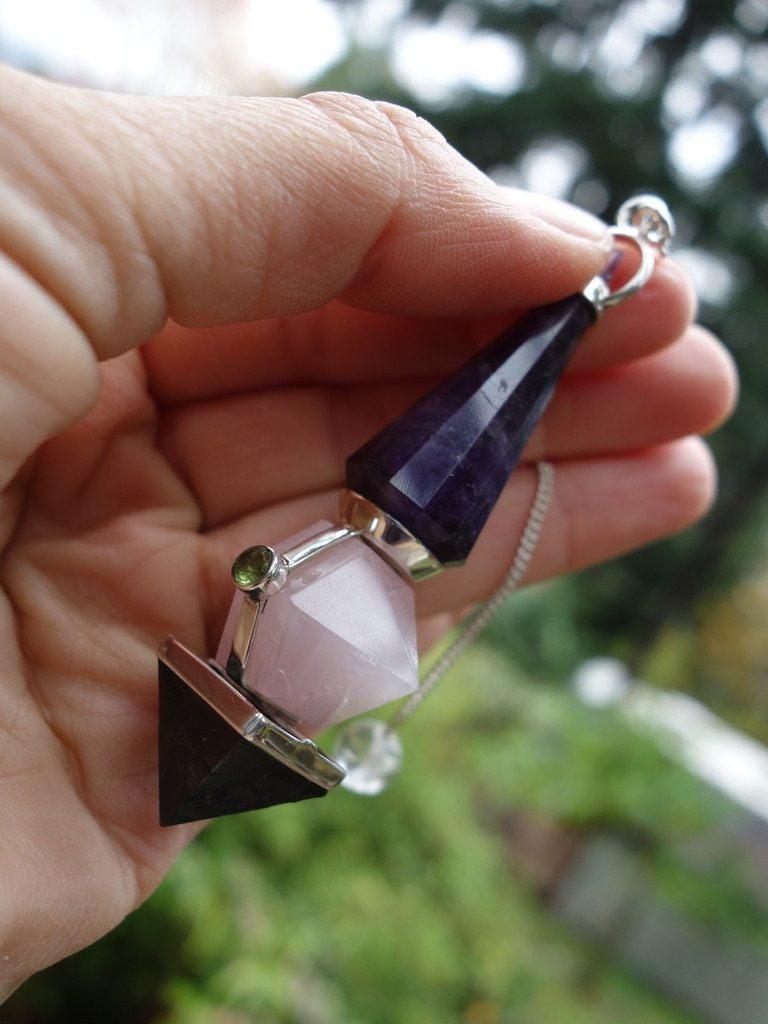 Custom Crafted Faceted Peridot & Garnet with Amethyst,Rose Quartz & Shungite Pyramid Pendulum In Sterling Silver - Earth Family Crystals