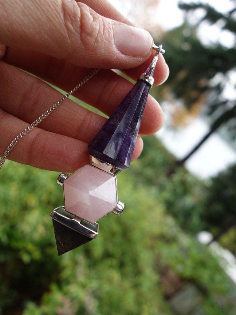 Custom Crafted Faceted Peridot & Garnet with Amethyst,Rose Quartz & Shungite Pyramid Pendulum In Sterling Silver - Earth Family Crystals