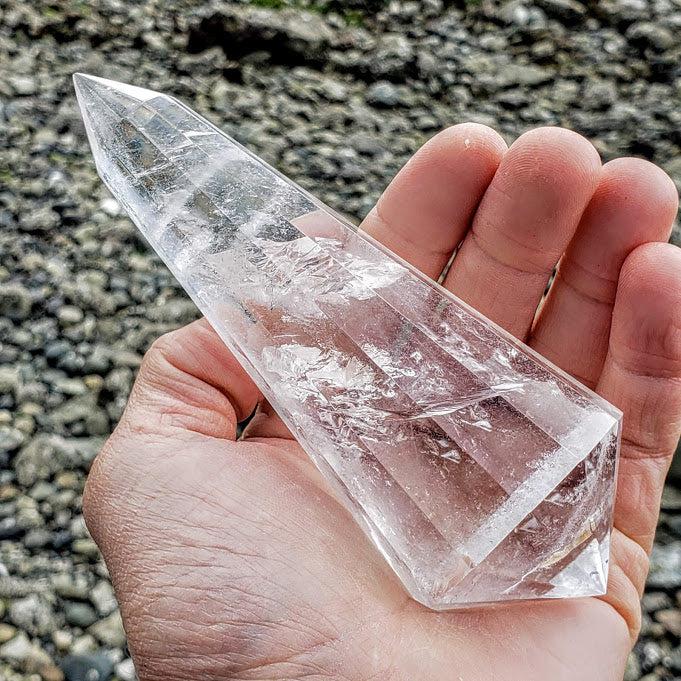 Large Chunky Clear Quartz Vogel Style Wand Carving - Earth Family Crystals