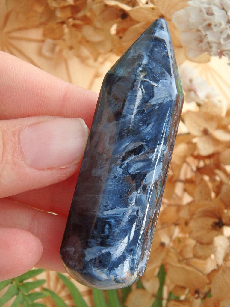 Wonderful Silky Blue Pietersite Wand Carving - Earth Family Crystals