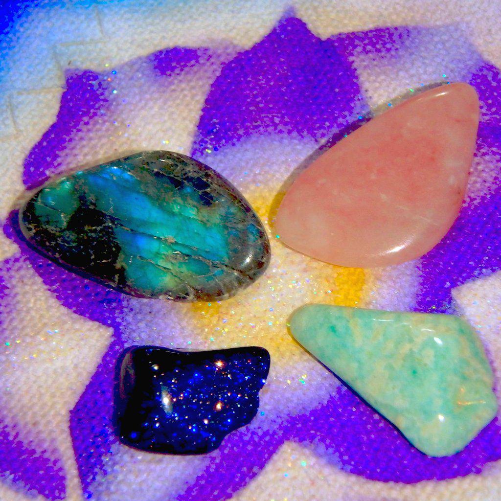 Playful Heart Crystal Kit (Includes Peruvian Pink Opal, Royal Blue Goldstone, Flashy Labradorite & Amazonite) - Earth Family Crystals