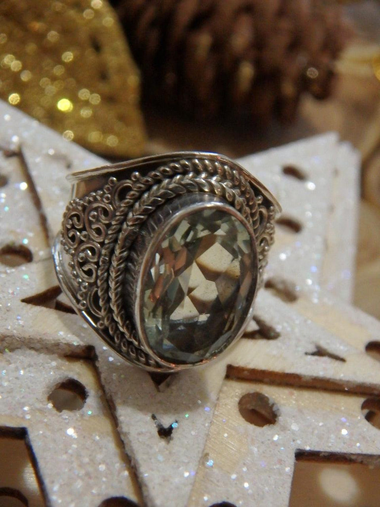 Stunning Brilliance Faceted Rare Prasiolite (Green Amethyst) Ring in Sterling Silver (Size 6) - Earth Family Crystals