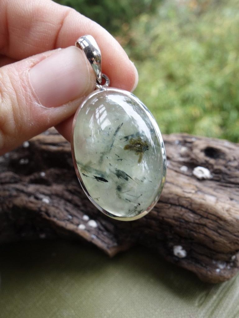 Spring Green Prehnite with Epidote Inclusions Pendant In Sterling Silver (Includes Silver Chain) - Earth Family Crystals