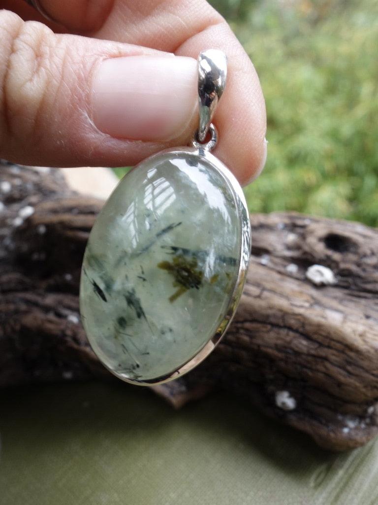 Spring Green Prehnite with Epidote Inclusions Pendant In Sterling Silver (Includes Silver Chain) - Earth Family Crystals