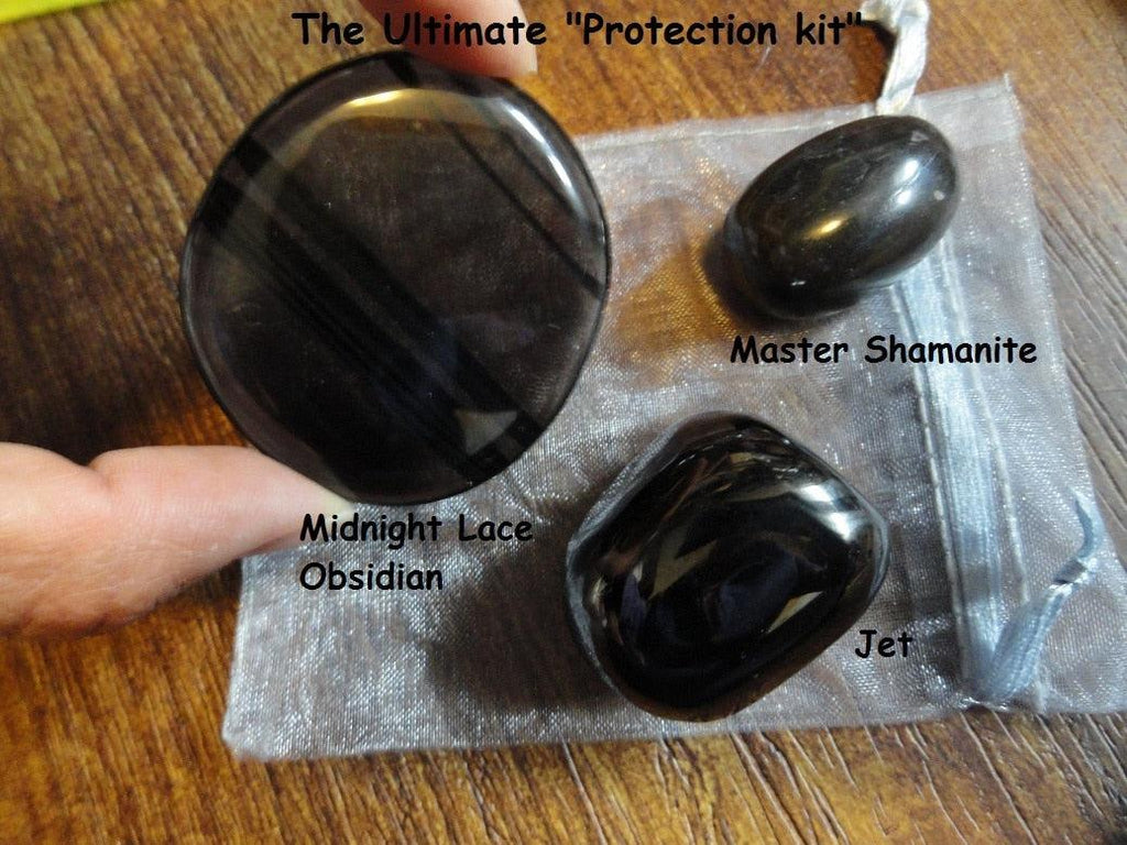 The Ultimate "PROTECTION" Crystal Kit * Contains: Jet, Midnight Lace Obsidian, Master Shamanite* - Earth Family Crystals