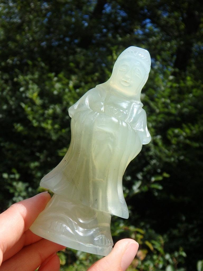 Majestic Mint Green Jade Quan Yin Carving - Earth Family Crystals