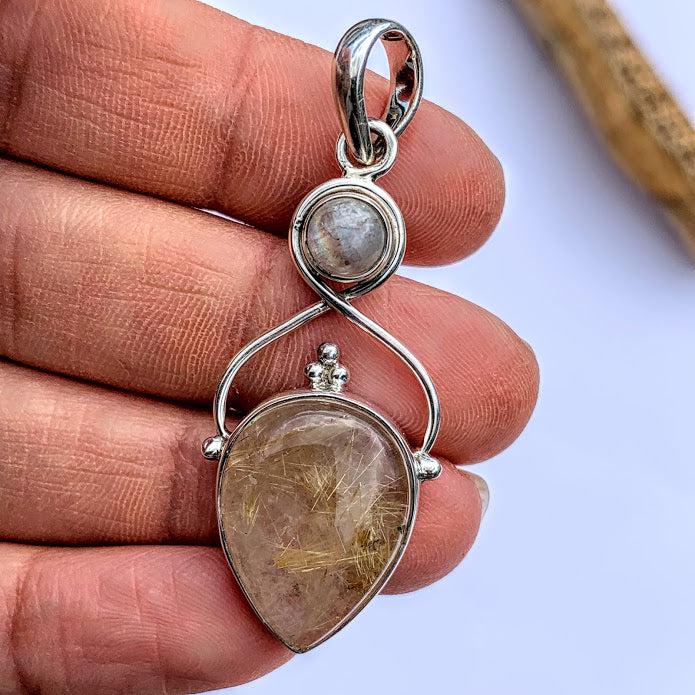 Golden Rutilated Quartz & Rainbow Moonstone Pendant in Sterling Silver (Includes Silver Chain) #1 - Earth Family Crystals
