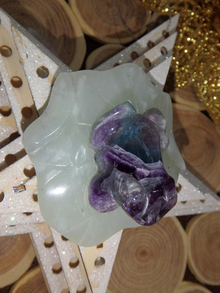 Precious Rainbow Fluorite Frog Carving on Mint Green Jade Lily Pad 3 - Earth Family Crystals