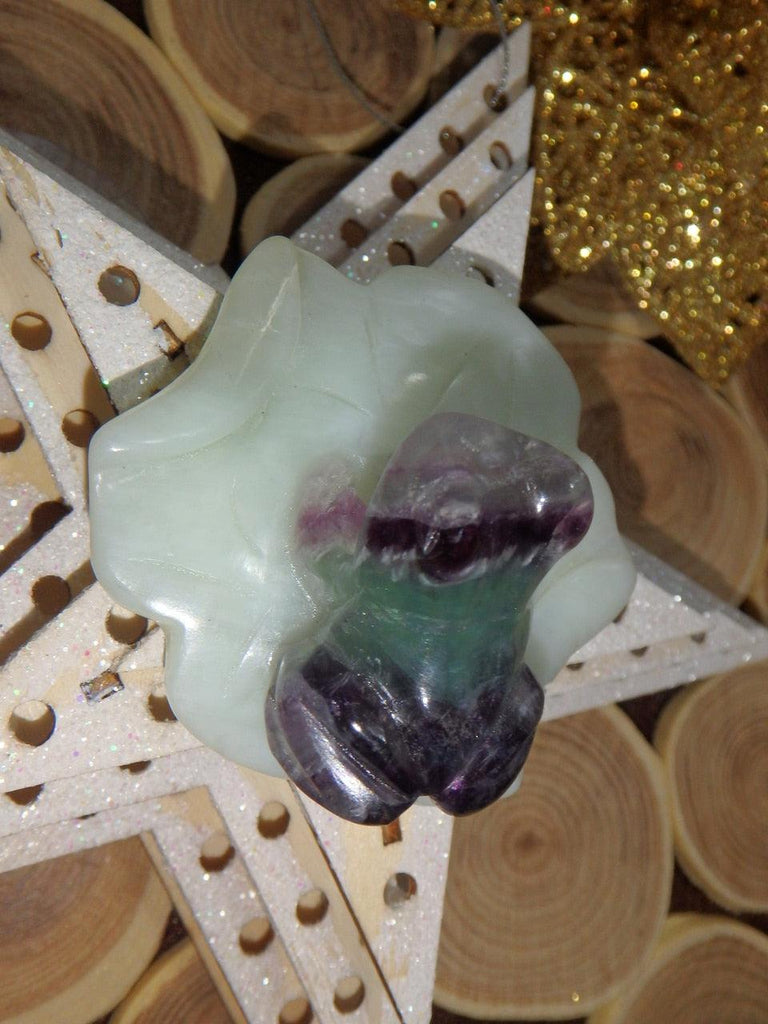 Precious Rainbow Fluorite Frog Carving on Mint Green Jade Lily Pad 4 - Earth Family Crystals